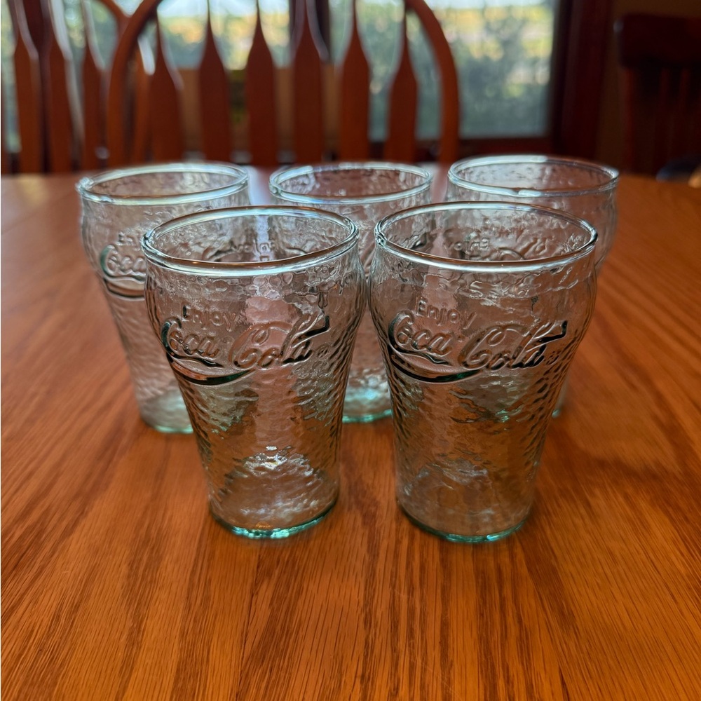 Set of 5 Vintage Mini Green Pebbled Coca-Cola Glasses
